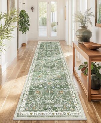 Yamaziot 2x8 Washable Hallway Runner Rug Non Slip Floral Carpet, Sage Green | Soft Boho Floral Kitchen Runner with Rubber Backing, Stain Resistant, Low Pile Distressed Carpet for Kitchen Hallway Entrance