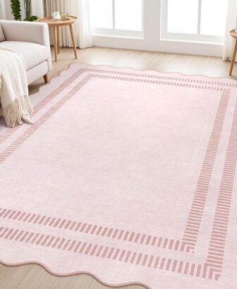 Pink Rugs for Bedroom Girls, 5x7 Washable Non Slip Area Rugs for Living Room, Soft Vintage Ultra-Thin Scalloped Carpet for Nursery Dorm Home Decor