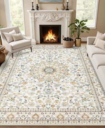 5x7 Area Rugs Living Room: Washable Vintage Rug for Bedroom Beige | Boho No Slip Stain Resistant Rug Soft Indoor decor Floor Floral 5x7 Area Rugs for Dining Room, Nursery, Hallway, Home Office